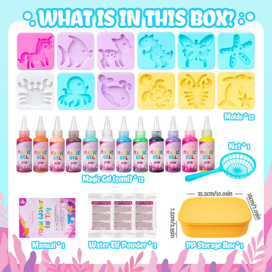 Eleanore's Diary Water Elf Kit, Magical Water Gel Toy, Creative magical elf water toy with 12 magic gel and 12 molds, Water painting sets for children 5 6 7 8 9 years old