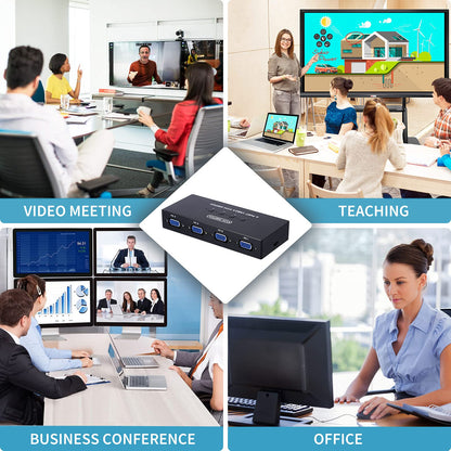 VGA KVM Switch with 4 KVM cables, 4-port switch for sharing 4 PCs with 1 video monitor, keyboard, mouse, printer, scanner.