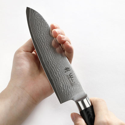 Wakoli Mikata Damascus knife Santoku 17 cm blade I made of 67 layers I Damascus kitchen knife and professional chef's knife made of real Damascus steel with Micarta handle