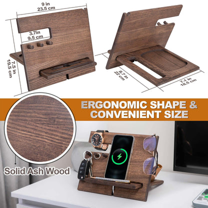 TESLYAR Desk Organizer Wood Ash Wenge - Phone Stand & Key Organizer with 3 Hooks for Office Storage & Organization - Wooden Gifts for Men Ideas