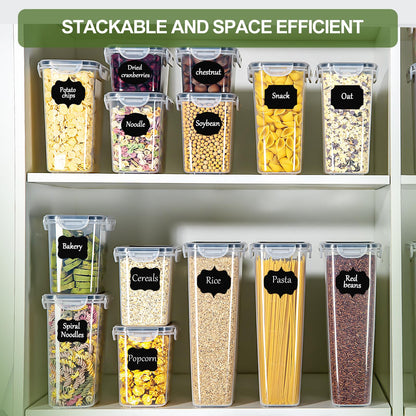 Airtight food storage containers set of 8 with lids, BPA free, total capacity 14L, kitchen storage boxes, moth-proof kitchen organizers for cereal, granola, flour, with labels.