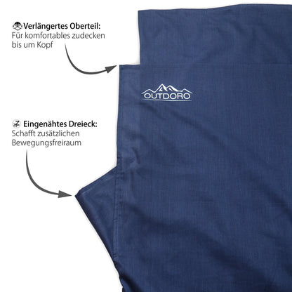 Outdoro Hut sleeping bag, ultra-light travel sleeping bag - only 350 g made of pure cotton with pillow compartment - thin & small - liner, travel sheet