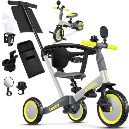 KIDIZ® 6in1 Balance Bike Tricycle | Suitable for children from 1 to 5 years | Supports up to 25kg | Includes handlebar, safety bar, seatbelt, bell, and mirror | Grey color