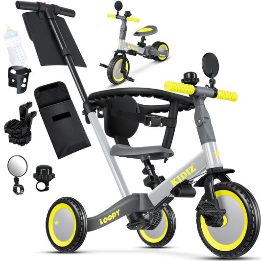 KIDIZ® 6in1 Balance Bike Tricycle | Suitable for children from 1 to 5 years | Supports up to 25kg | Includes handlebar, safety bar, seatbelt, bell, and mirror | Grey color