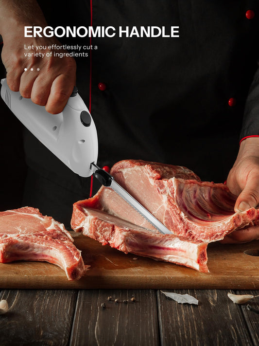 Reemix Electric Knife Kitchen Electric Knife for Meat Electric Kitchen Knife for Frozen Food, usable blade length 15 cm, stainless steel knife blades with fine and coarse serration (Pearl White)
