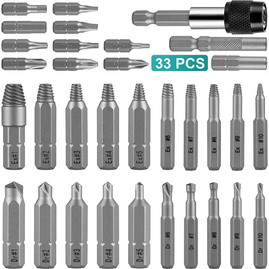 33 in 1 screw extractor set, VMAN left-handed extractor set with screwdriver, Damaged screw remover set for damaged screws 2-12mm, Damaged screw extractor set made of S2 steel, 62 HRC