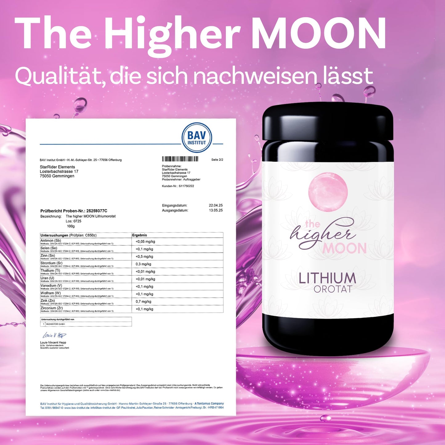 The higher MOON Lithium Powder 100g in violet glass | Li-Orotate for laboratory purposes | Highest purity 99.9% | 4% lithium content | Independently laboratory tested