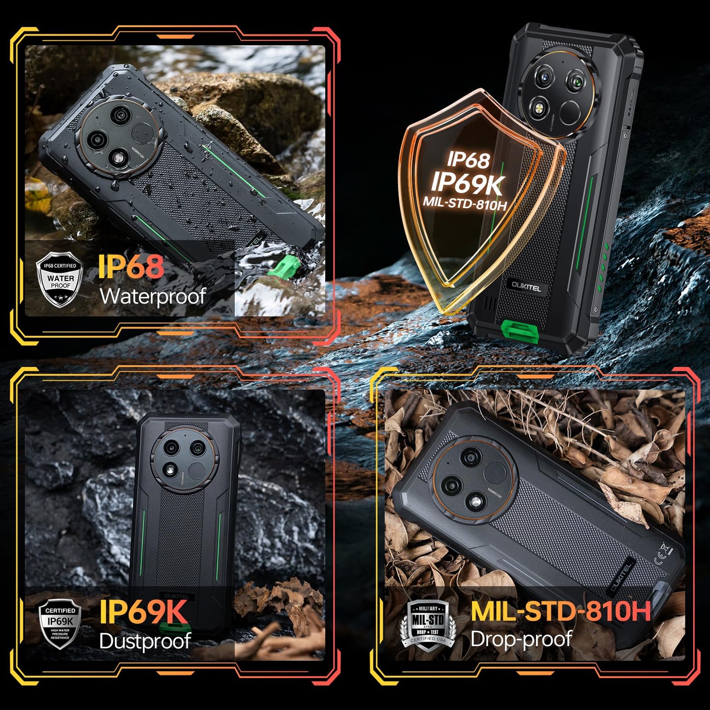 OUKITEL WP28E Outdoor Smartphone Android 14-10600mAh, 8GB +64GB/1TB, 6.52" with 13MP camera, IP68 water resistant, Dual 4G SIM, rugged phone with NFC/GPS/OTG/BT5.0-Green. No contract.