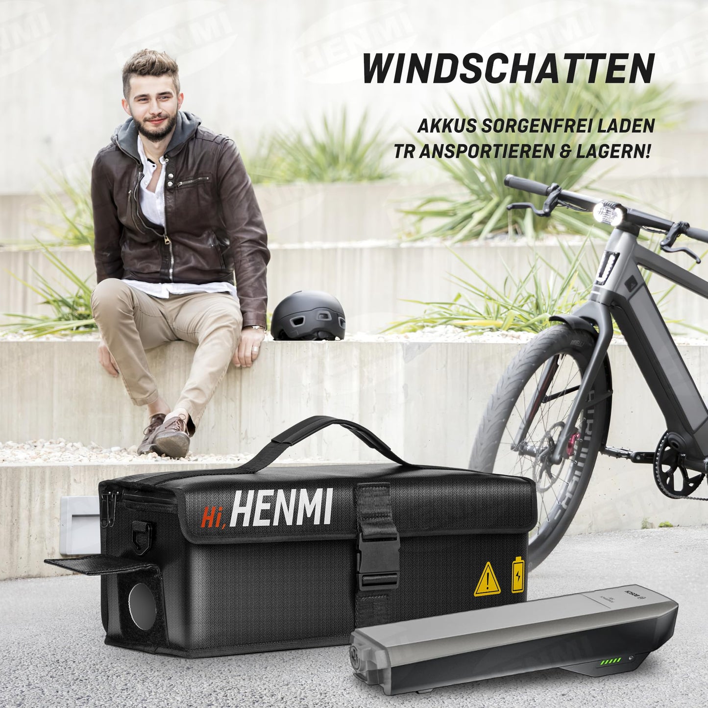 HENMI Ebike battery bag, 1000°C fireproof for safe storage, transportation, charging, 41 x 13 x 12 cm.