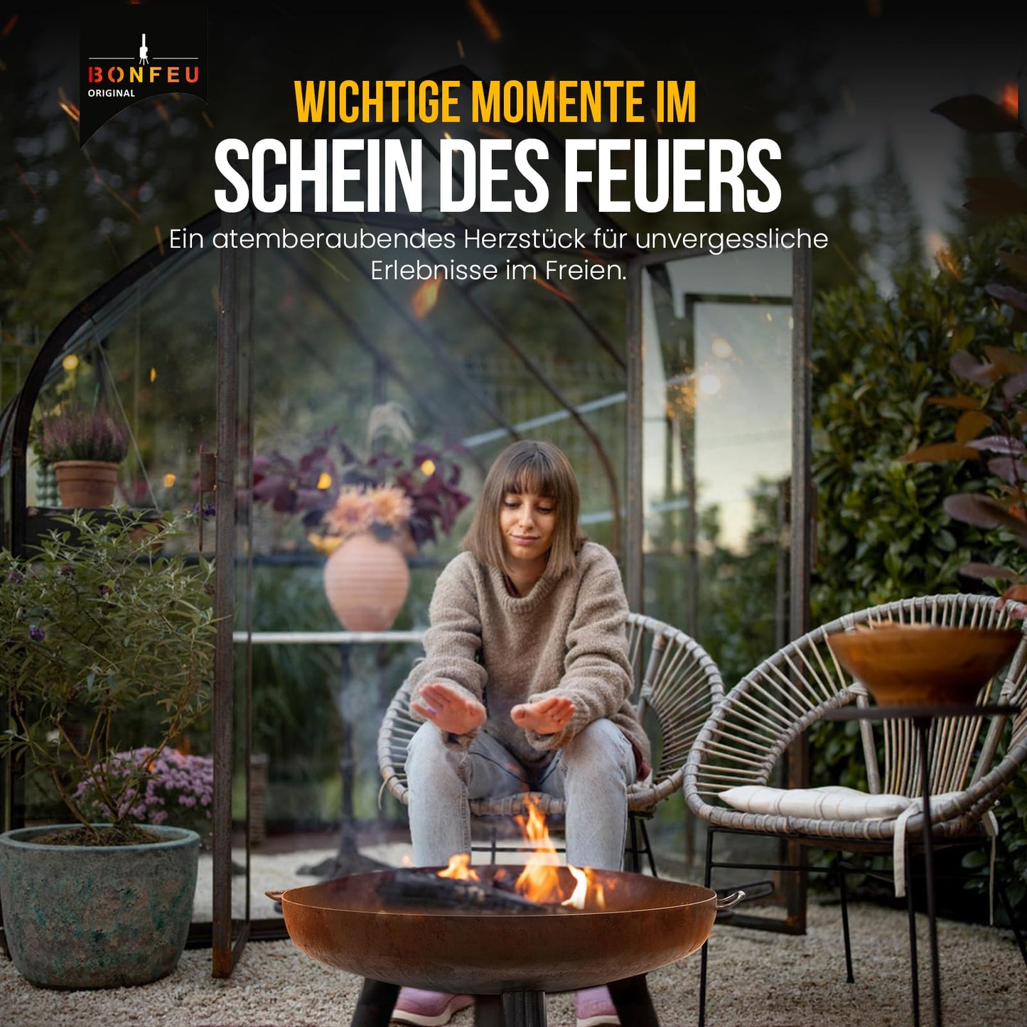 BonFeu BonBowl Plus fire bowl 80 cm - fire bowls for the garden - outdoor fire pit - fire bowl with optional grill grate made of high-quality Corten steel - fire basket for the garden - 80x80x23.5cm