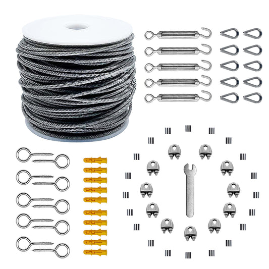 30M trellis wire rope 304 stainless steel, PVC-coated 2mm steel wire 1.5mm 5x turnbuckle M5 hook eye, 10x thimble, 10x wire rope clamps, 10x eye screw, 10x expansion tube, 67 pcs.