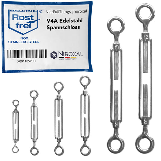 5 stainless steel turnbuckles with two eyes, rustproof in V4A according to DIN 1480 1478. Cable tensioner eye-eye screw tensioner tensioning screw M 8 mm.