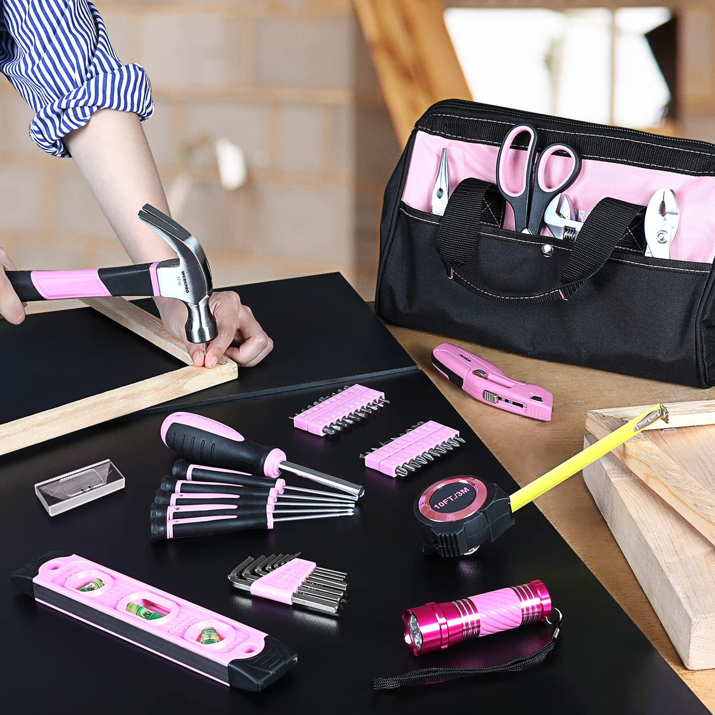 WORKPRO Pink Tool Set Pink Tool Box 106-piece Household Tool kit Repair including bag with wide opening 34cm Ideal Gift for DIYers