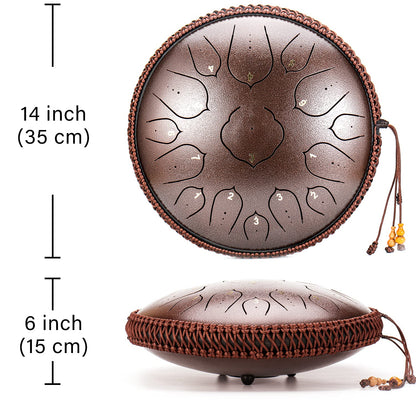 Amkoskr Steel Tongue Drum, 14-inch 35 cm Steel Tongue Drum, D major 15 notes, hand drum HandPan Drum with drumsticks/carrying bag (bronze)
