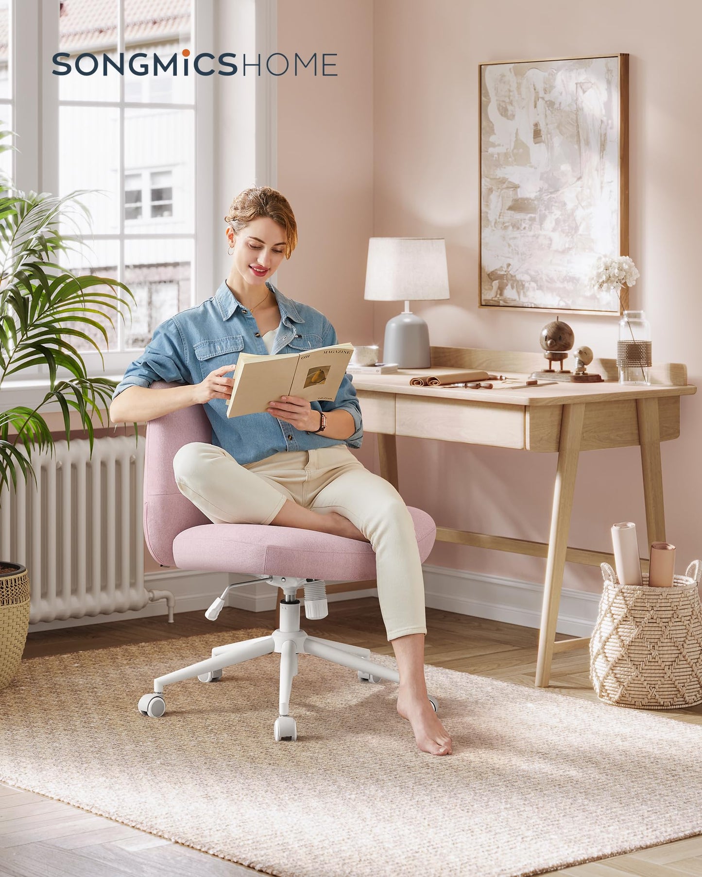 SONGMICS HOME Sewing Seat Chair, Makeup Chair, Armless Swivel Chair, Desk Chair, wide seat surface, modern, with base, adjustable height, rocking function, pastel pink OBG047R01