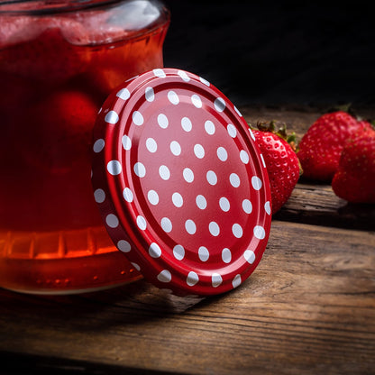 KADAX screw cap fi82 mm, Twist-Off lid set made of metal, replacement lids for preserving jars, lids with 6 snap teeth for jars and preserving jars (red dotted, 50 pieces)