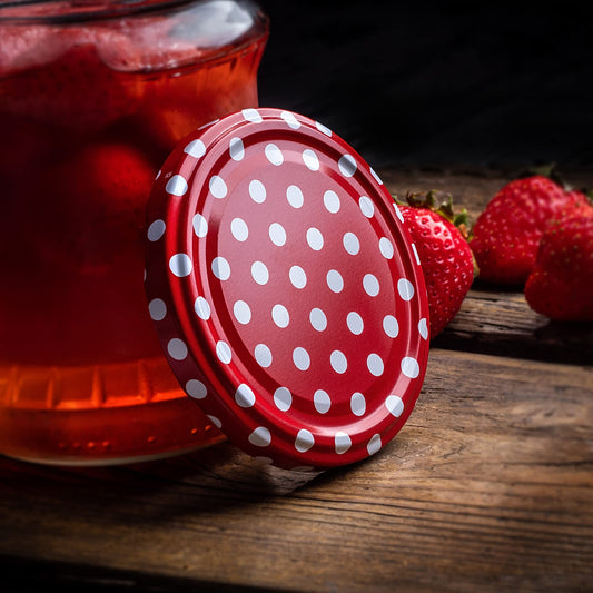 KADAX screw cap fi82 mm, Twist-Off lid set made of metal, replacement lids for preserving jars, lids with 6 snap teeth for jars and preserving jars (red dotted, 50 pieces)