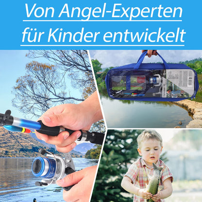 Q-Tac - Kids Fishing Set [Fully assembled & spooled reel] For kids 4 years and up, fishing rod 165 cm, complete Blue Fishing Set