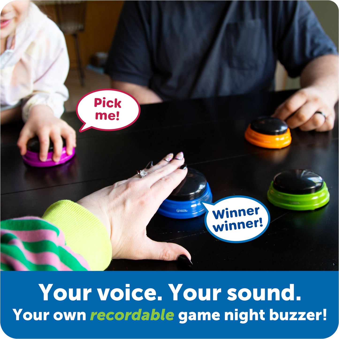 Learning Resources Sound Recordable Answer Buzzers (4 Pack) enhance reaction training during game nights in the classroom or at home. Suitable for ages 3 and up.