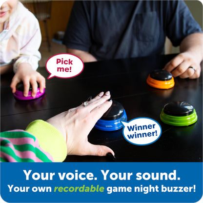 Learning Resources Sound Recordable Answer Buzzers (4 Pack) enhance reaction training during game nights in the classroom or at home. Suitable for ages 3 and up.