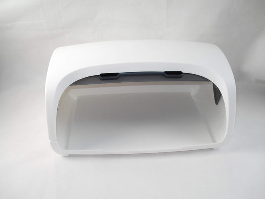 Tupperware bread box, lunch box, rectangular, white, black, 39.8 x 27.5 x 19.6 cm, 19,237.2 cubic centimeters, bread, bread box, food storage container.