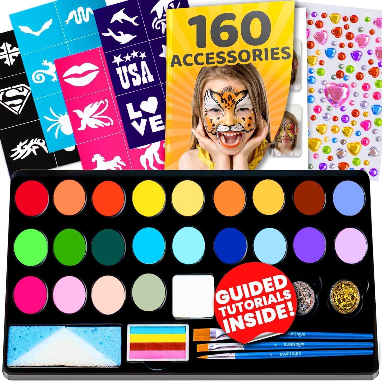 Blue Squid Kids Face Paint Kit. 24 colors of theater-grade face paint perfect for children's parties. Water-based, ideal for Halloween and carnival. Includes 160 pieces.