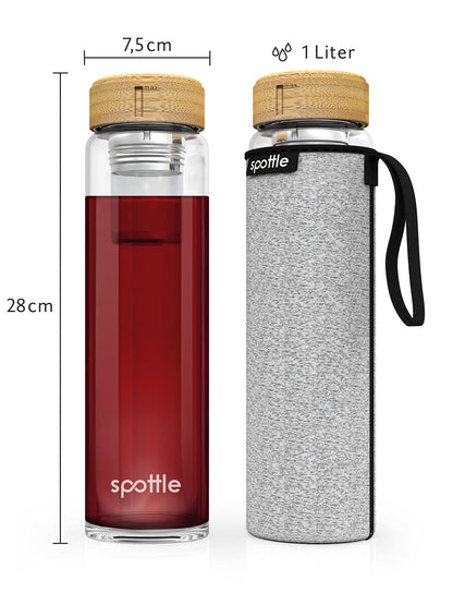 Spottle tea bottle glass 1 liter with infuser - tea kettle to go - glass bottle with tea infuser and protective cover for loose tea & infused water, BPA-free, leak-proof, dishwasher safe.