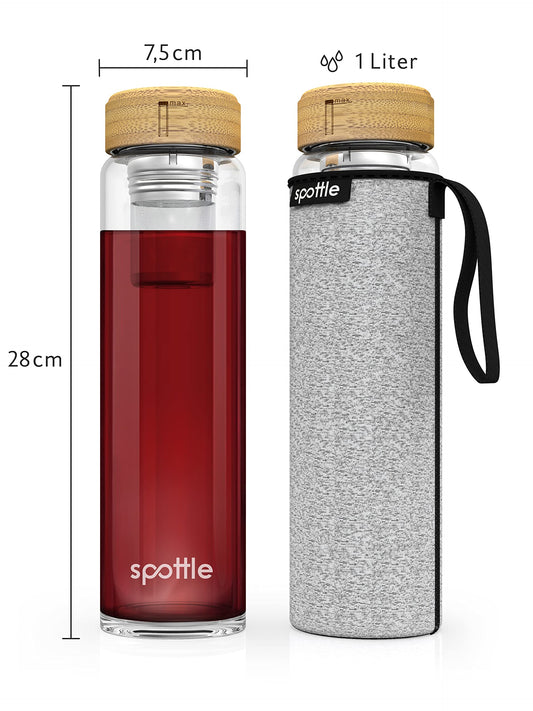 Spottle tea bottle glass 1 liter with infuser - tea kettle to go - glass bottle with tea infuser and protective cover for loose tea & infused water, BPA-free, leak-proof, dishwasher safe.