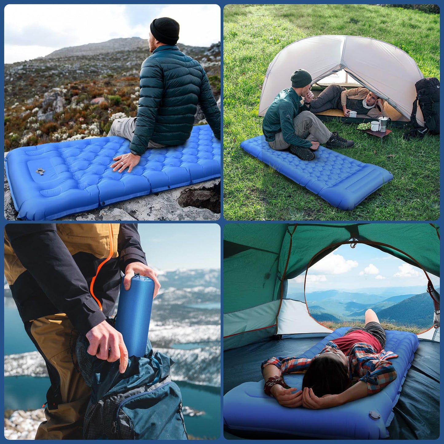 Self-inflating camping mat, 14 cm self-inflating mat with built-in foot pump & pillow, waterproof self-inflating air mattress for hiking, beach, travel, tent (blue)