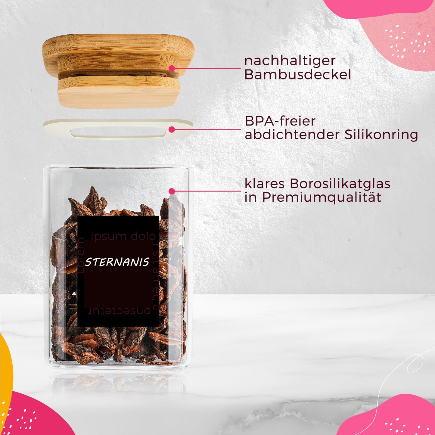 Happy Lemuro Spice Jars Square | 12-piece set | Glass storage containers 180 ml, 279 spice labels, pen, wooden lids. 6x6x8.5 cm, 12 spice containers | Jars for spice storage, spice storage