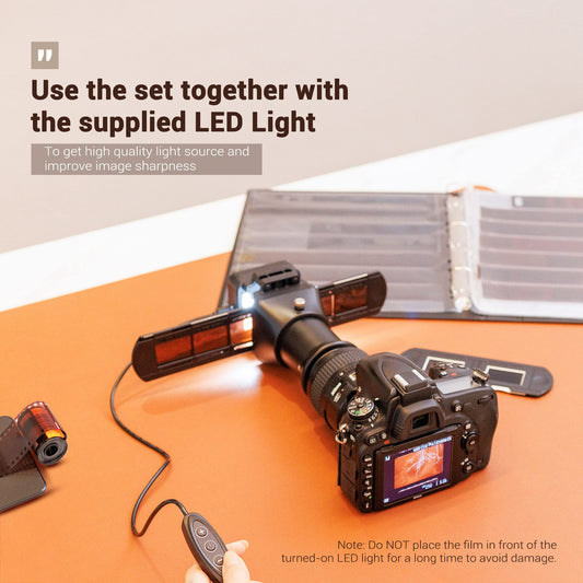JJC ES-2 film digitization adapter with 6500 K USB LED lighting set, negative film copy scanner. Convert 35mm negatives to digital JPEG.