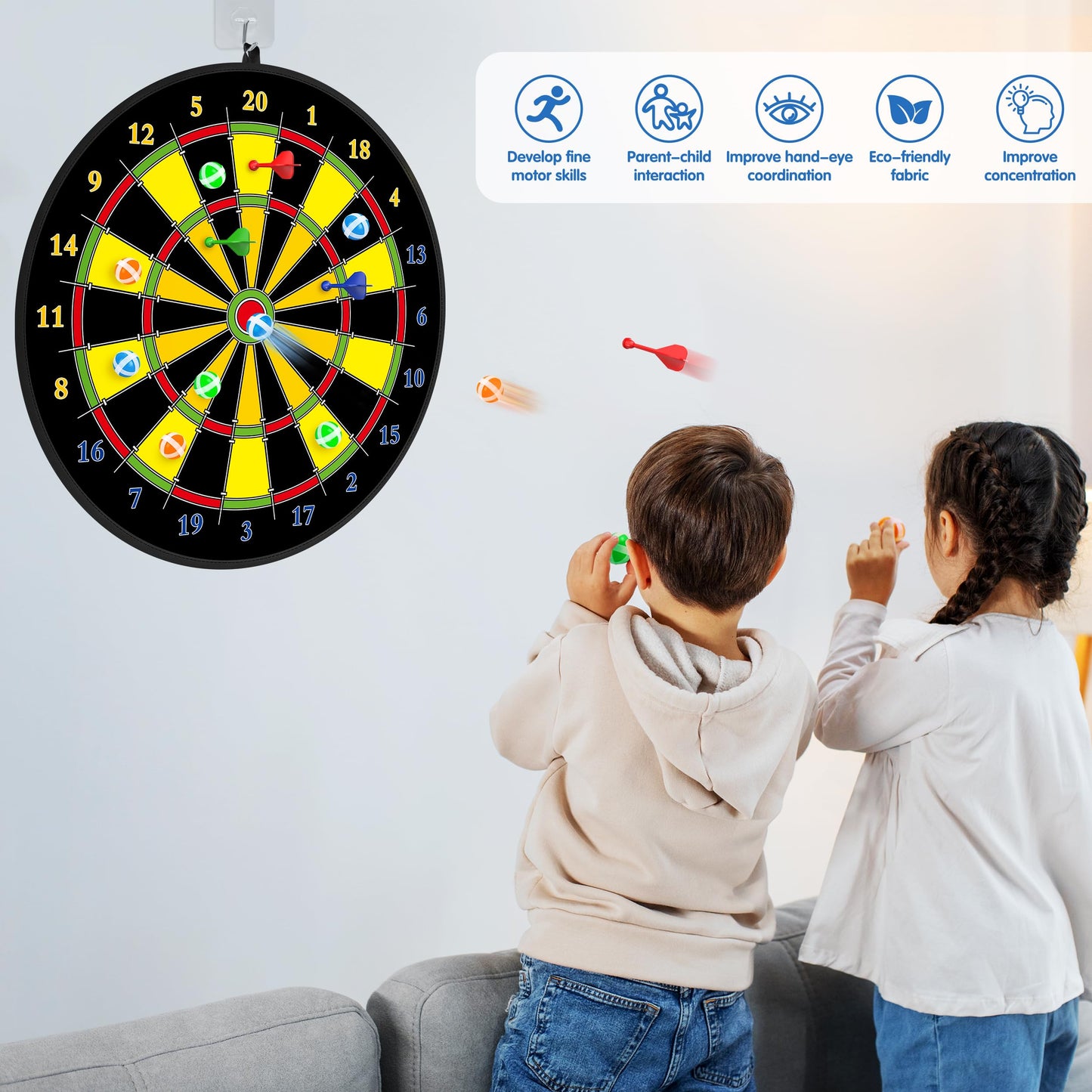 29" Double-sided Dart Board Kids Game with 12 sticky balls, 6 darts, throwing game, indoor/outdoor sport fun party game, toy, birthday gifts for 3 4 5 6 7 8 9 10-12 year old boys girls