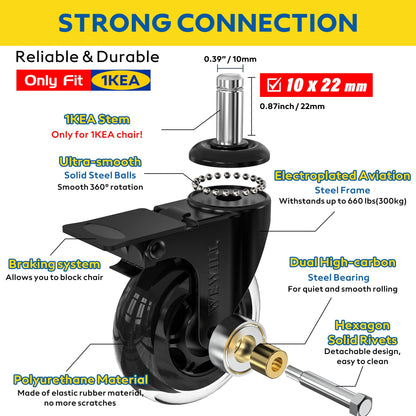 WEWILL office chair casters with lock, 5pcs office chair replacement casters, wear-resistant heavy-duty office chair casters replacement floor protectors with brake (10 * 22mm, not suitable for most casters)