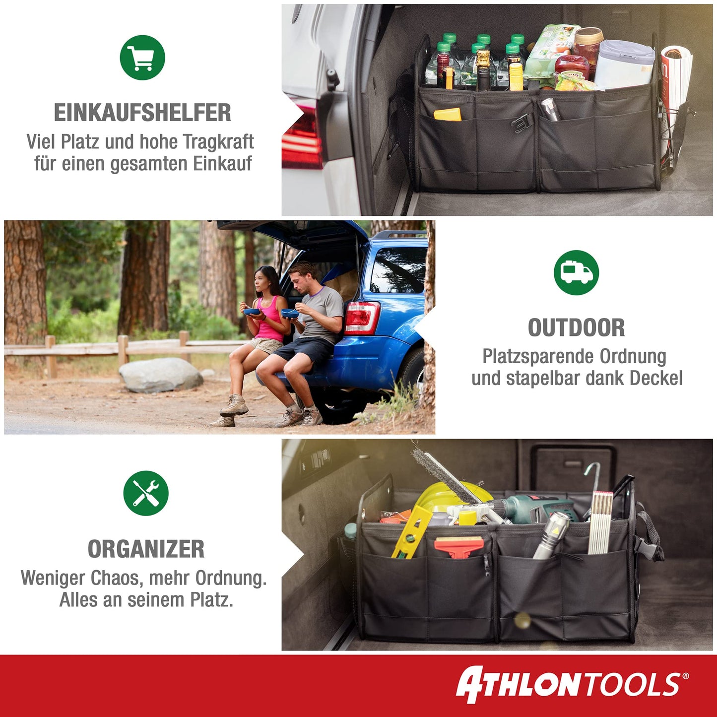 ATHLON TOOLS Premium trunk bag with lid - 60 liter XXL trunk organizer - extra sturdy & waterproof bottoms - food-safe - with anti-slip velcro