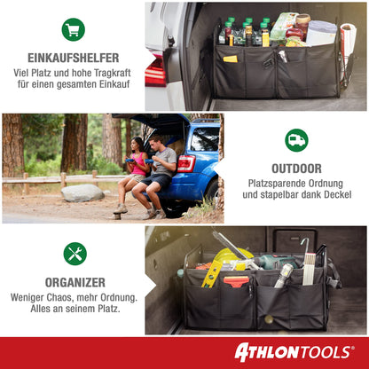 ATHLON TOOLS Premium trunk bag with lid - 60 liter XXL trunk organizer - extra sturdy & waterproof bottoms - food-safe - with anti-slip velcro