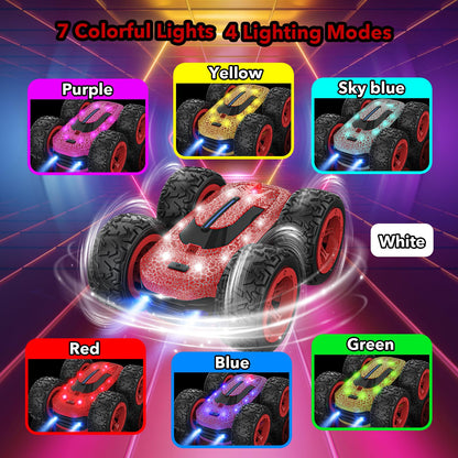 Remote control car for kids aged 3-12 years. 4WD RC car with 2.4Ghz frequency, 360° LED lights, stunt drift capabilities. Perfect toy for indoor/outdoor play, great for Christmas or birthday gifts for boys and girls.
