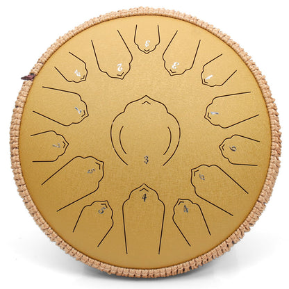AMKOSKR Steel Tongue Drum, 14 inch 35 cm Steel Tongue Drum, C major 15 notes, Hand Drum HandPan Drum with Drumsticks/Carrying Bag (Gold)