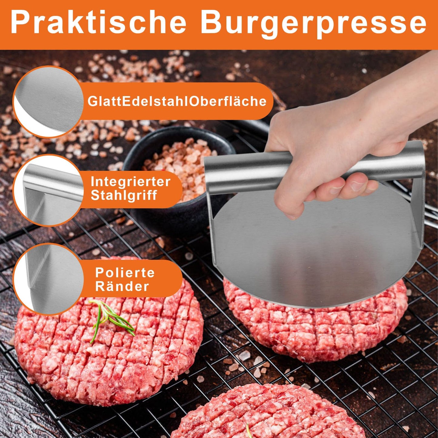 W&H's Stainless Steel Smash Burger Set includes a 4-piece set of burger smasher tools: burger press, grill spatula, burger dome, and 50 parchment papers. Ideal for making delicious homemade hamburgers both outdoor and indoor.