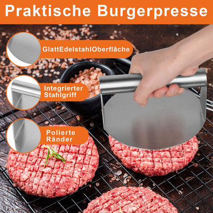 W&H's Stainless Steel Smash Burger Set includes a 4-piece set of burger smasher tools: burger press, grill spatula, burger dome, and 50 parchment papers. Ideal for making delicious homemade hamburgers both outdoor and indoor.