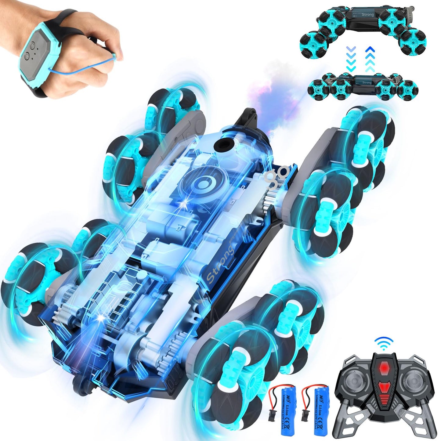 Nauotk Remote Control Car, 2.4 GHz RC Car for 6 7 8 9 10 11 12 years old, 8WD Stunt Drift Car with Gesture Sensor, Cool Lights and Spray Mist, 2 Battery Toys, Kids Robot-Blue
