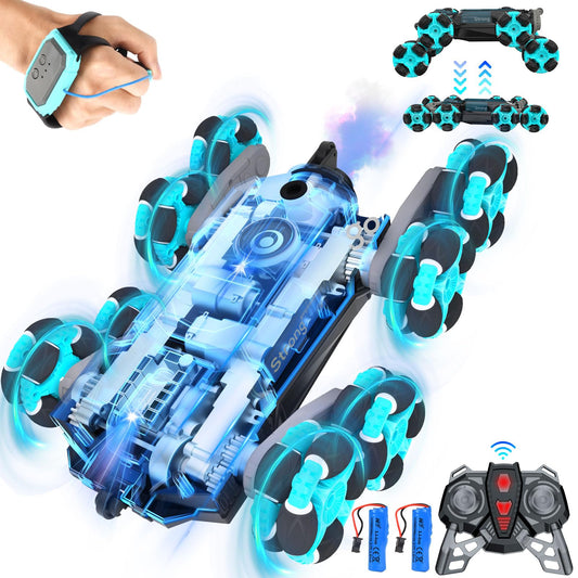 Nauotk Remote Control Car, 2.4 GHz RC Car for 6 7 8 9 10 11 12 years old, 8WD Stunt Drift Car with Gesture Sensor, Cool Lights and Spray Mist, 2 Battery Toys, Kids Robot-Blue