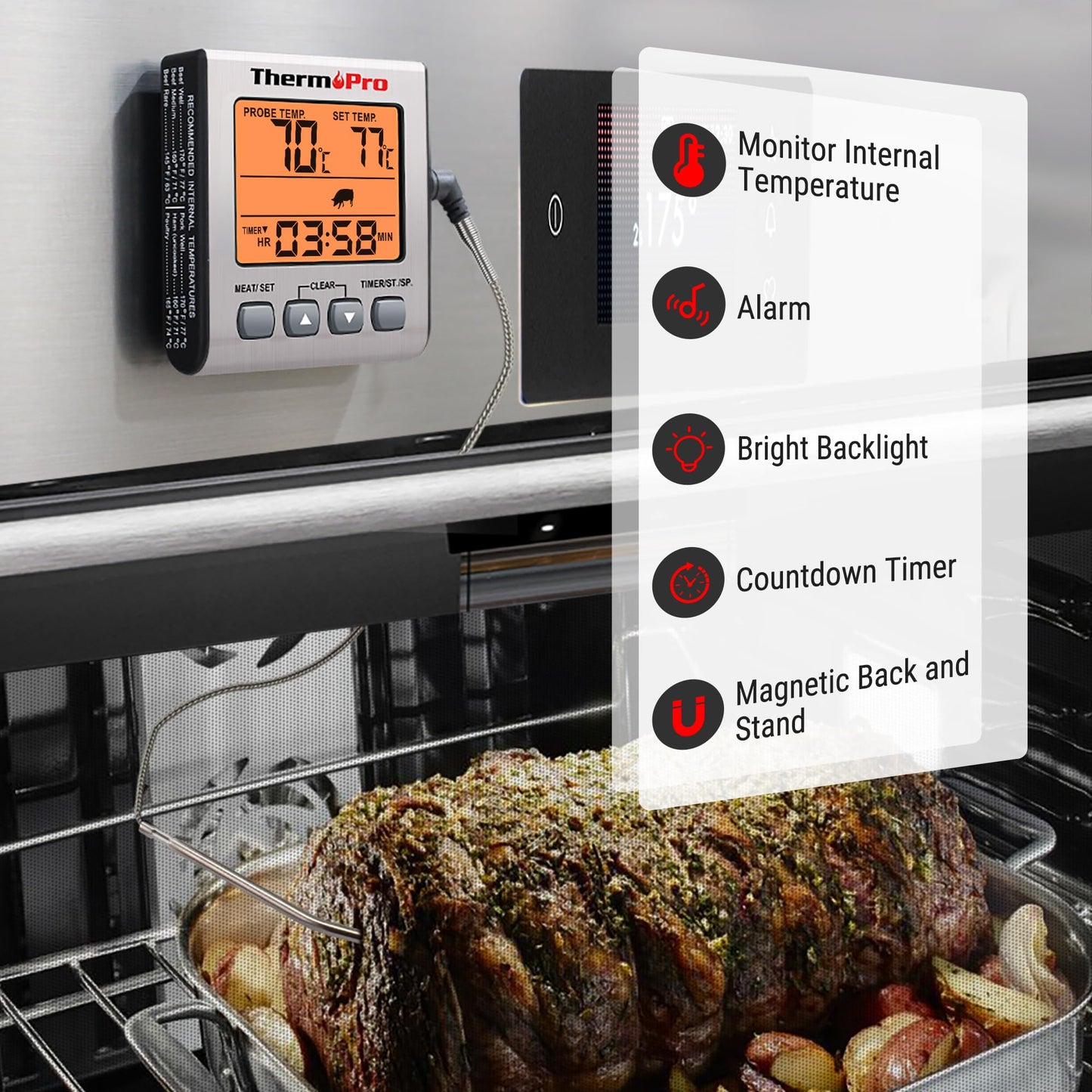 ThermoPro Digital Meat Thermometer Grill Thermometer Roast Thermometer Oven Thermometer with Timer and Backlit Temperature range up to 300°C Kitchen thermometer for BBQ Grill Smoker
