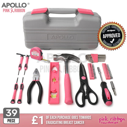 Apollo Pink Women's Tool Kit Small, 39-piece tool set for the household, tool kit set with tools in pink, including hammer and screwdriver set - Ideal gift for women.