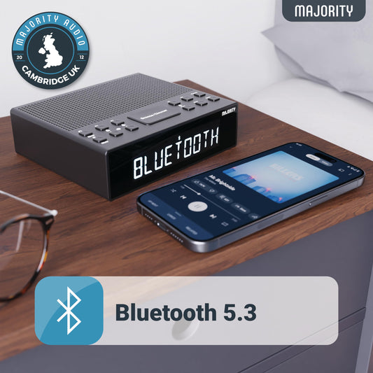 MAJORITY Knapwell | Bluetooth DAB, DAB+ radio alarm clock | Bedside radio with dual alarm, snooze function, large dimmable display | High-fidelity sound, USB charging | FM, headphone jack