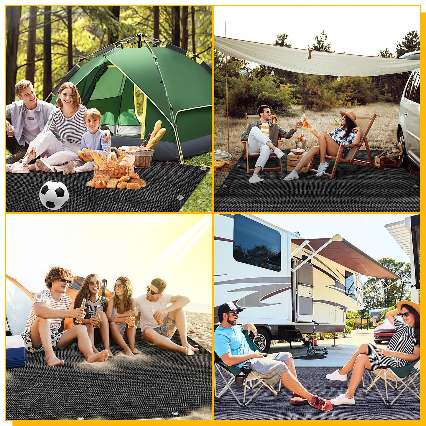 Jiubiaz awning carpet, canopy carpet camping rug with 12 holes, 13 pegs and carrying bag, breathable non-slip, washable, camping mat awning floor (black, 250x550cm)