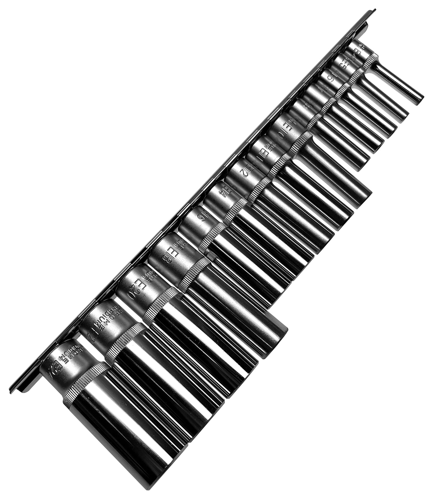 Alkan socket inserts (long/deep) E-profile sockets from E4 to E24 for external Torx screws 1/4", 3/8" and 1/2" drive on socket rail - CV steel socket, 14 pcs.