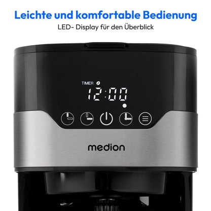MEDION coffee machine with thermal carafe and timer (filter machine, 8 cups, 1.2 liters, 900 watts, 3 levels, keep warm function, timer clock, anti-drip, display, stainless steel) MD18458.