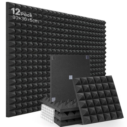 Acoustic Foam 12 Pieces Soundproofing High-Density Sound Absorber Wall Reduce Reverberation Noise for Podcast Recording Studio Soundproofing with 60pcs Stickers Included, 30x30x5cm.