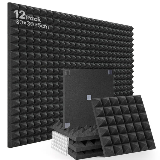 Acoustic Foam 12 Pieces Soundproofing High-Density Sound Absorber Wall Reduce Reverberation Noise for Podcast Recording Studio Soundproofing with 60pcs Stickers Included, 30x30x5cm.