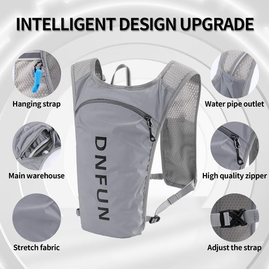 Running vest for women and men, adjustable running vest with 1500ml water bottle, 5L reflective running pack with phone holder, suitable for outdoor runs, jogging, hiking, cycling.
